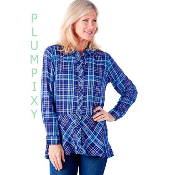Plaid Button-Down Big Shirt with Ruffle Hem - Picture 1 of 2